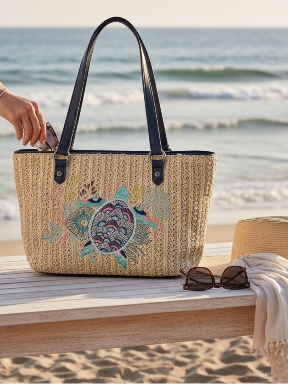 Woven Straw Tote Bag with Embroidered Turtle - Navy Trim Sakroots brand